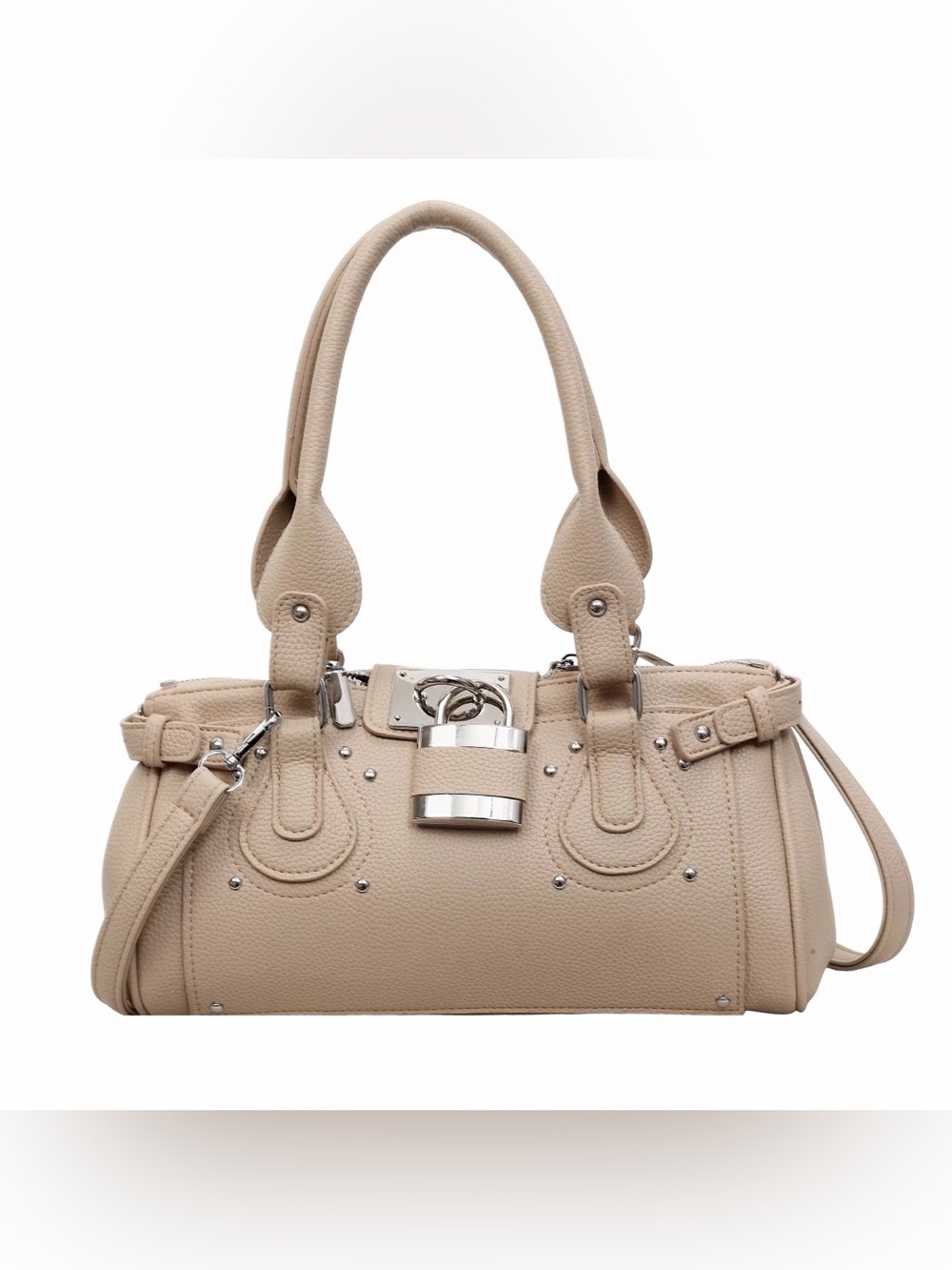Beige Leather Top-Handle Satchel Handbag